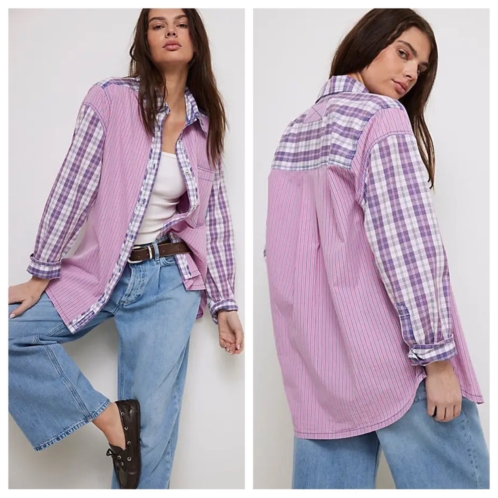 New! Free People We The Free Montauk Gingham Plaid Shirt pink purple 2435